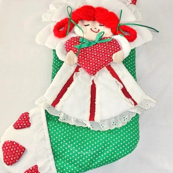 Handmade Quilted Angel Stocking Holding Heart Holiday Retro Vintage Decor - Picture 1 of 6